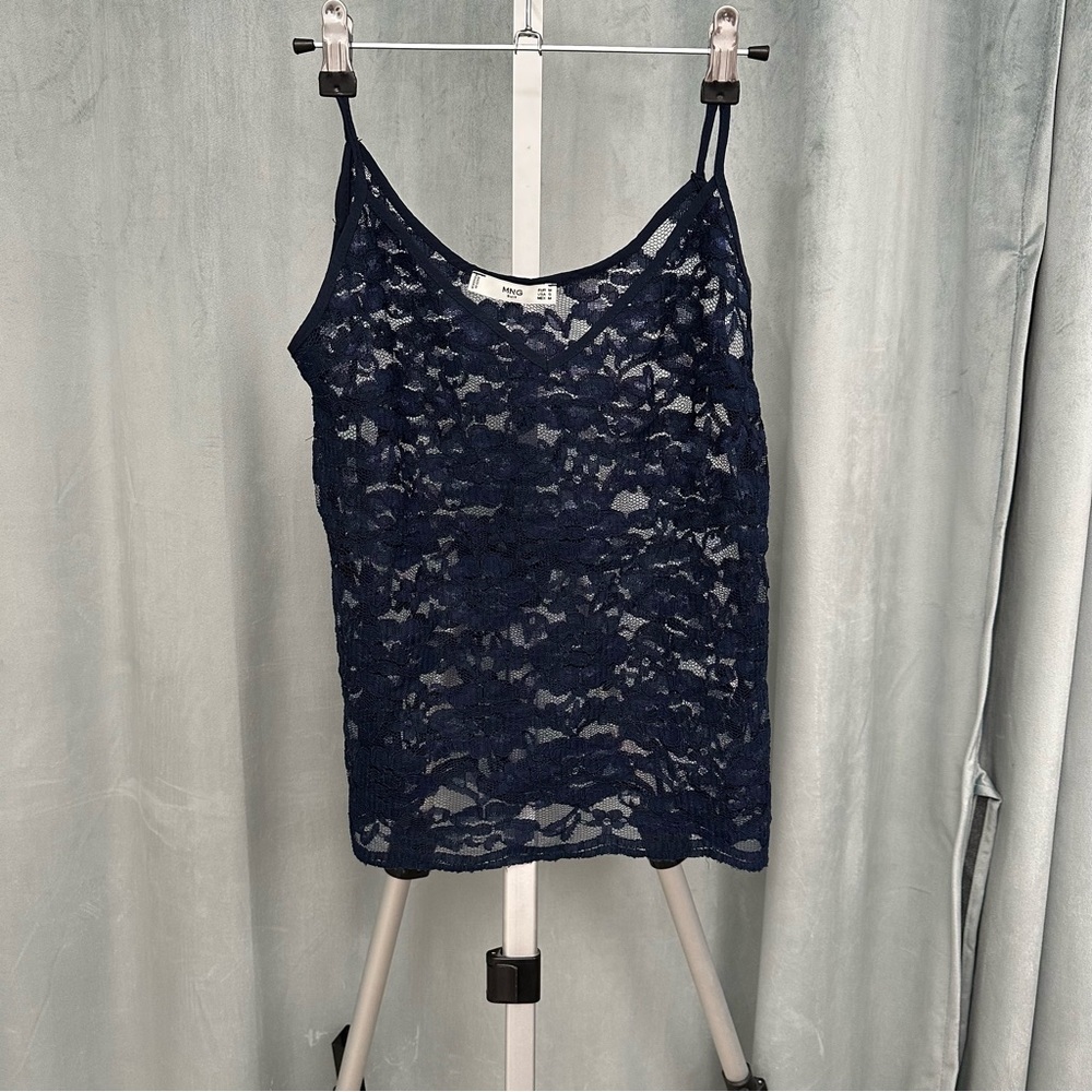 MNG Suit by Mango Deep Navy Blue Lace Sheer Top Size Small / Medium – NWT